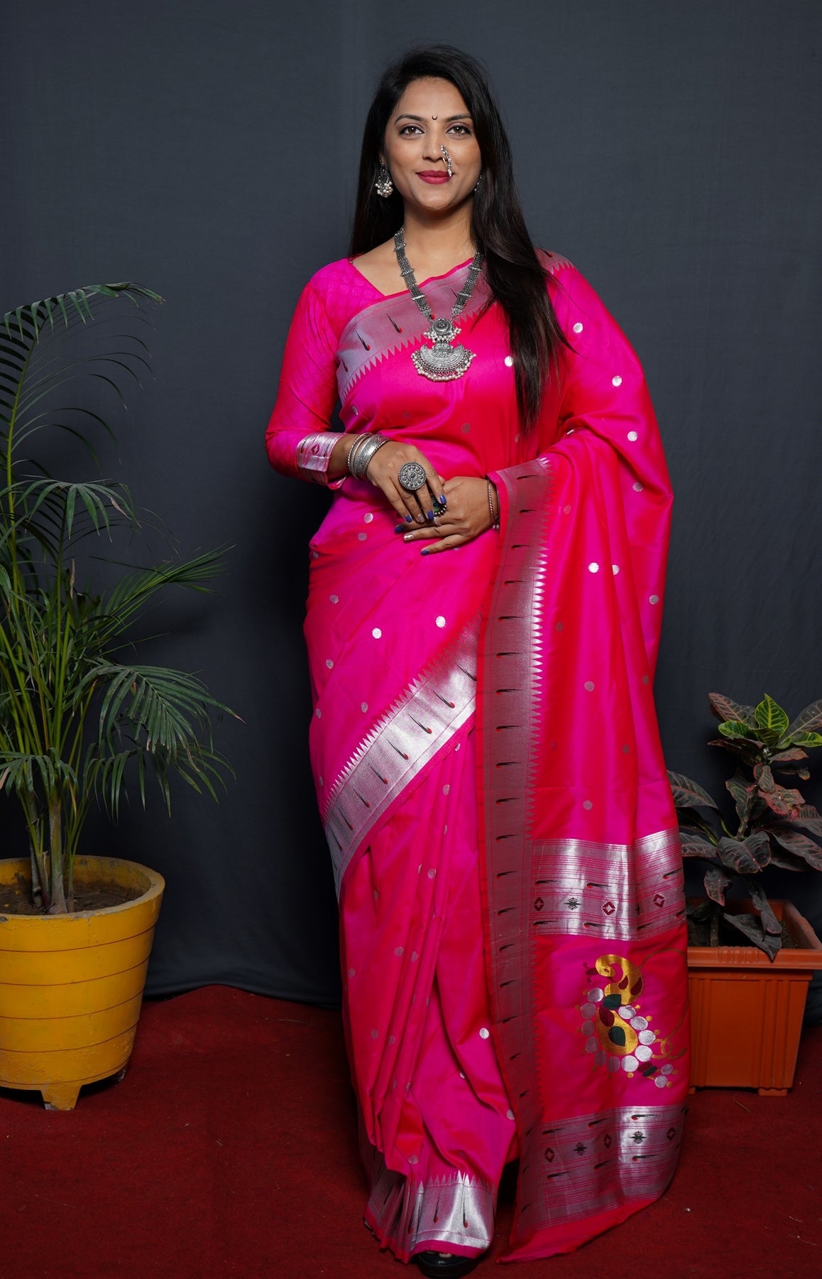 Comely Dark Pink Paithani Silk Saree With Angelic Blouse Piece