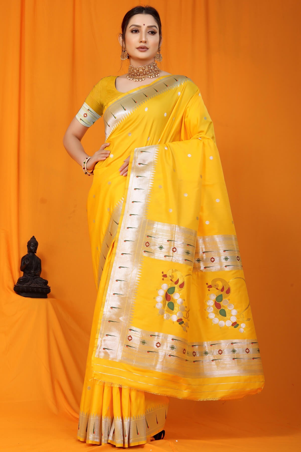 Improbable Yellow Paithani Silk Saree With Nemesis Blouse Piece