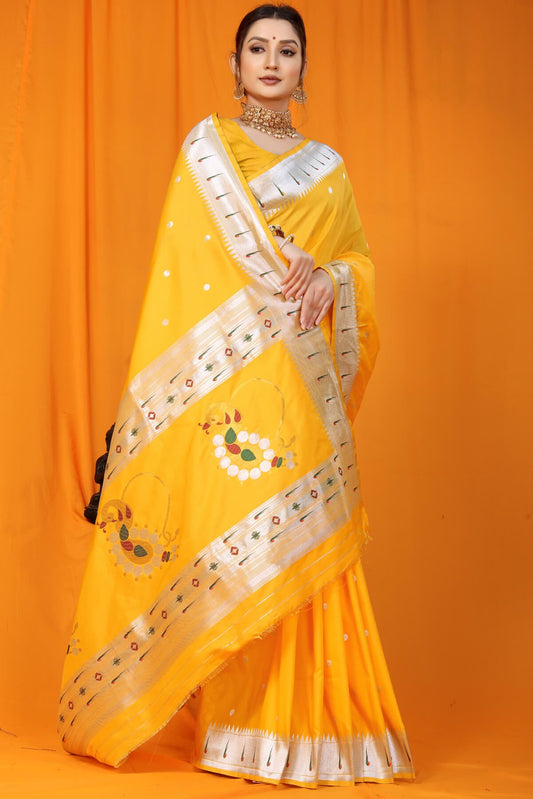 Improbable Yellow Paithani Silk Saree With Nemesis Blouse Piece