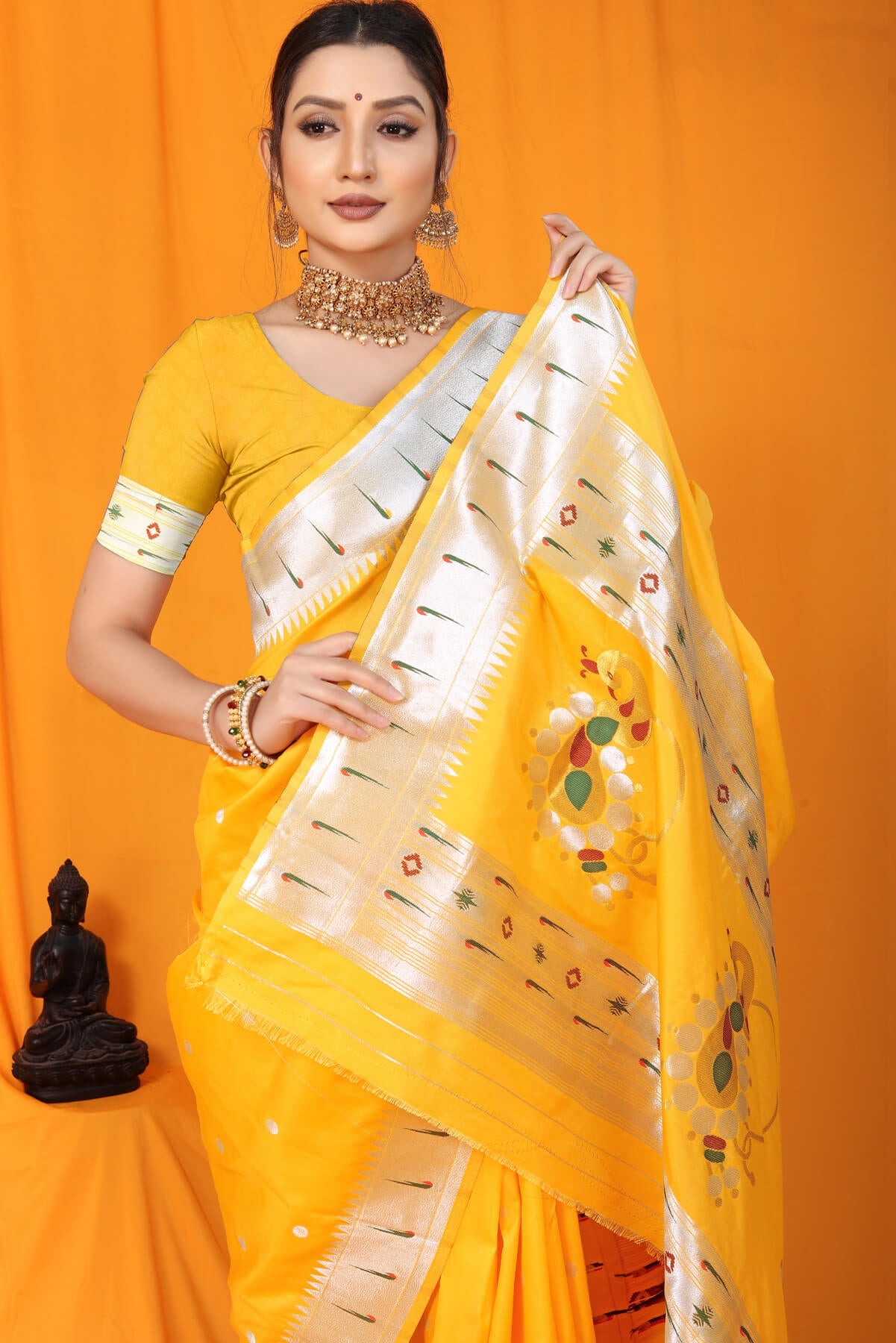 Improbable Yellow Paithani Silk Saree With Nemesis Blouse Piece