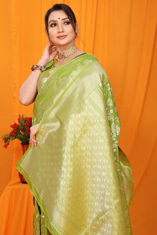 Trendy Green Kanjivaram Silk With Scintilla Blouse Piece