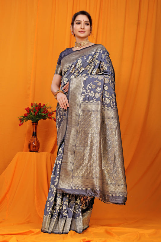 Lovely Grey Kanjivaram Silk With Scintilla Blouse Piece