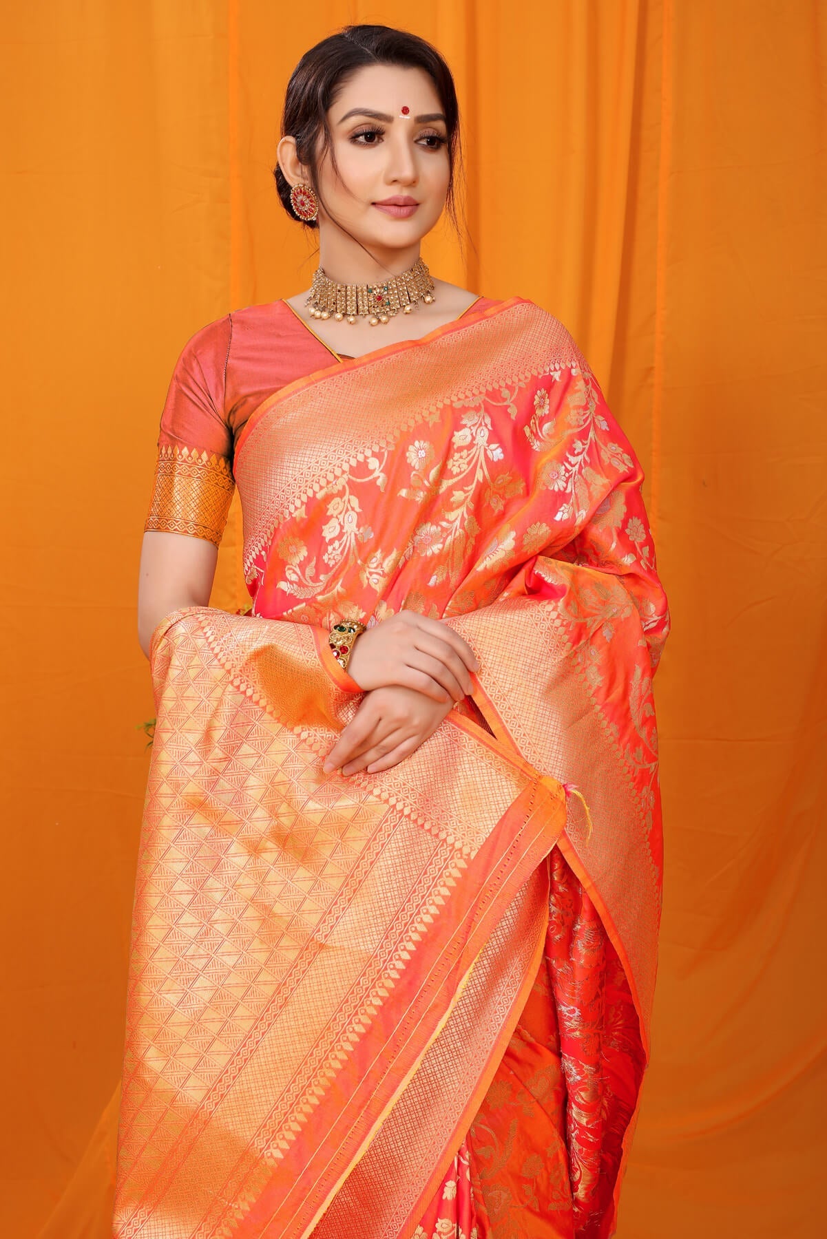 Refreshing Orange Kanjivaram Silk With Scintilla Blouse Piece