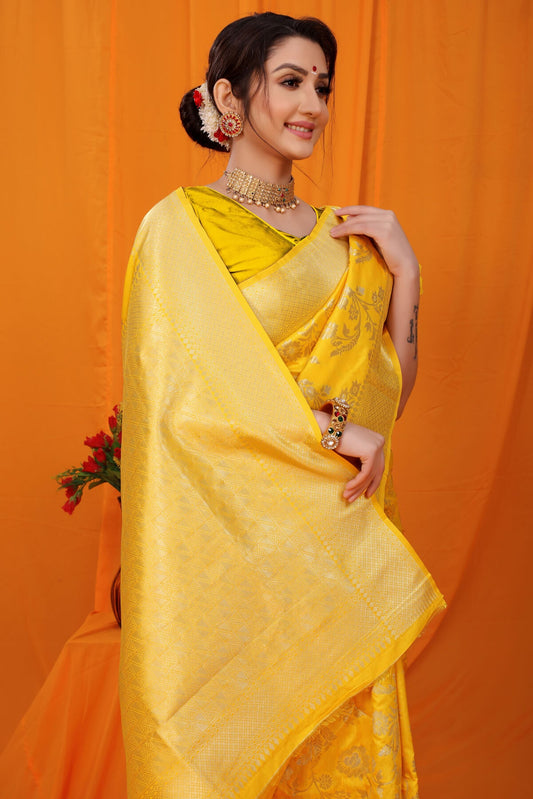 Outstanding Yellow Kanjivaram Silk With Scintilla Blouse Piece