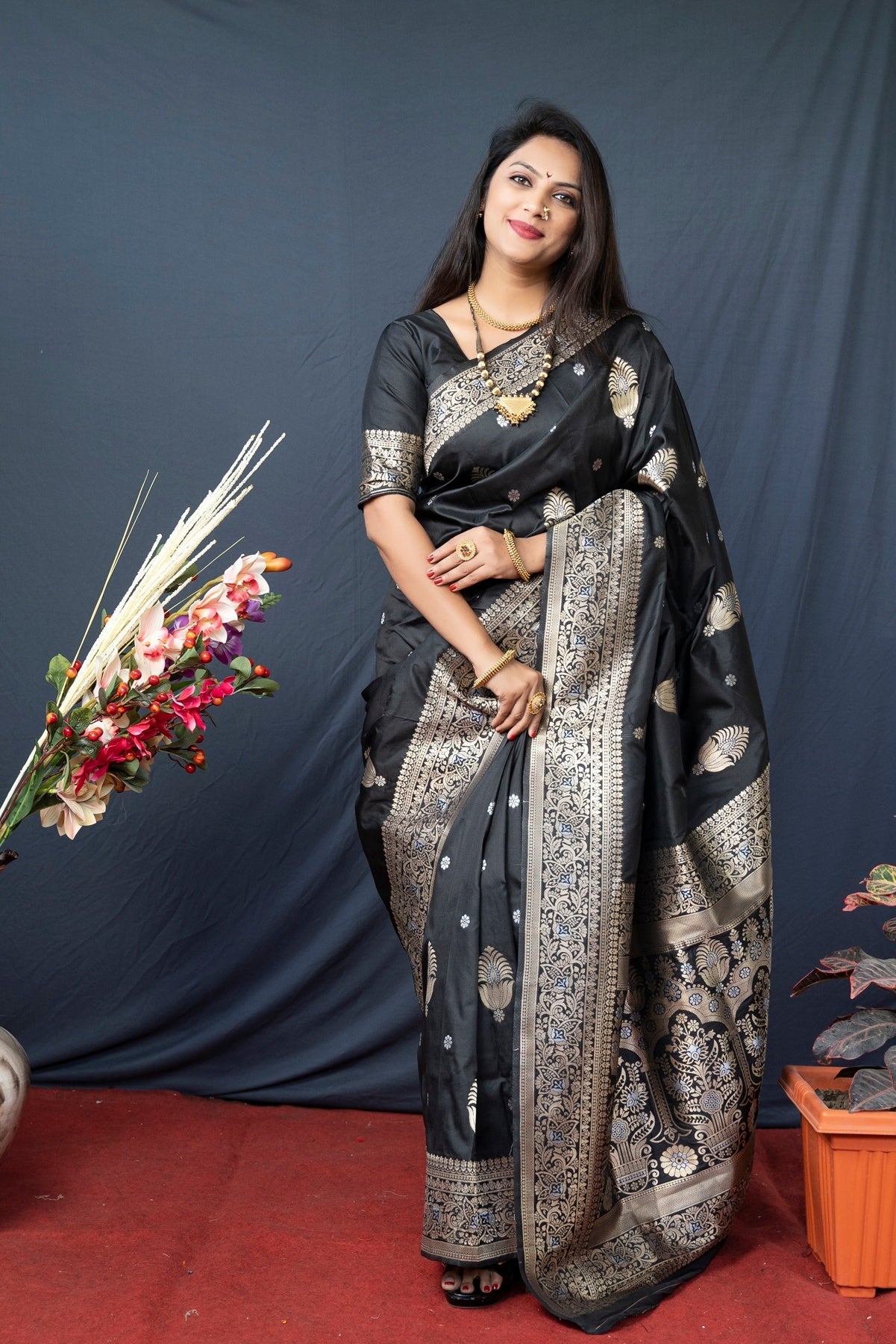 Sempiternal Black Kanjivaram Silk With Demure Blouse Piece