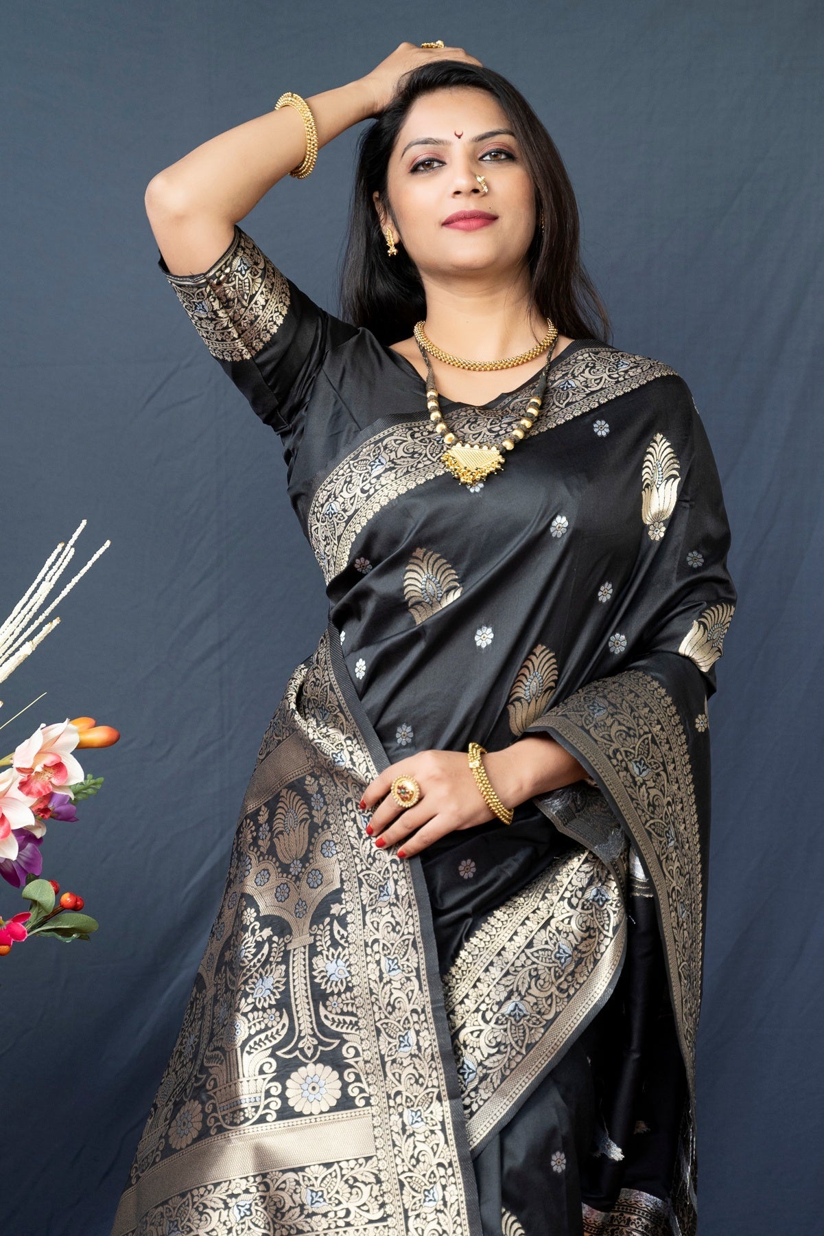 Sempiternal Black Kanjivaram Silk With Demure Blouse Piece