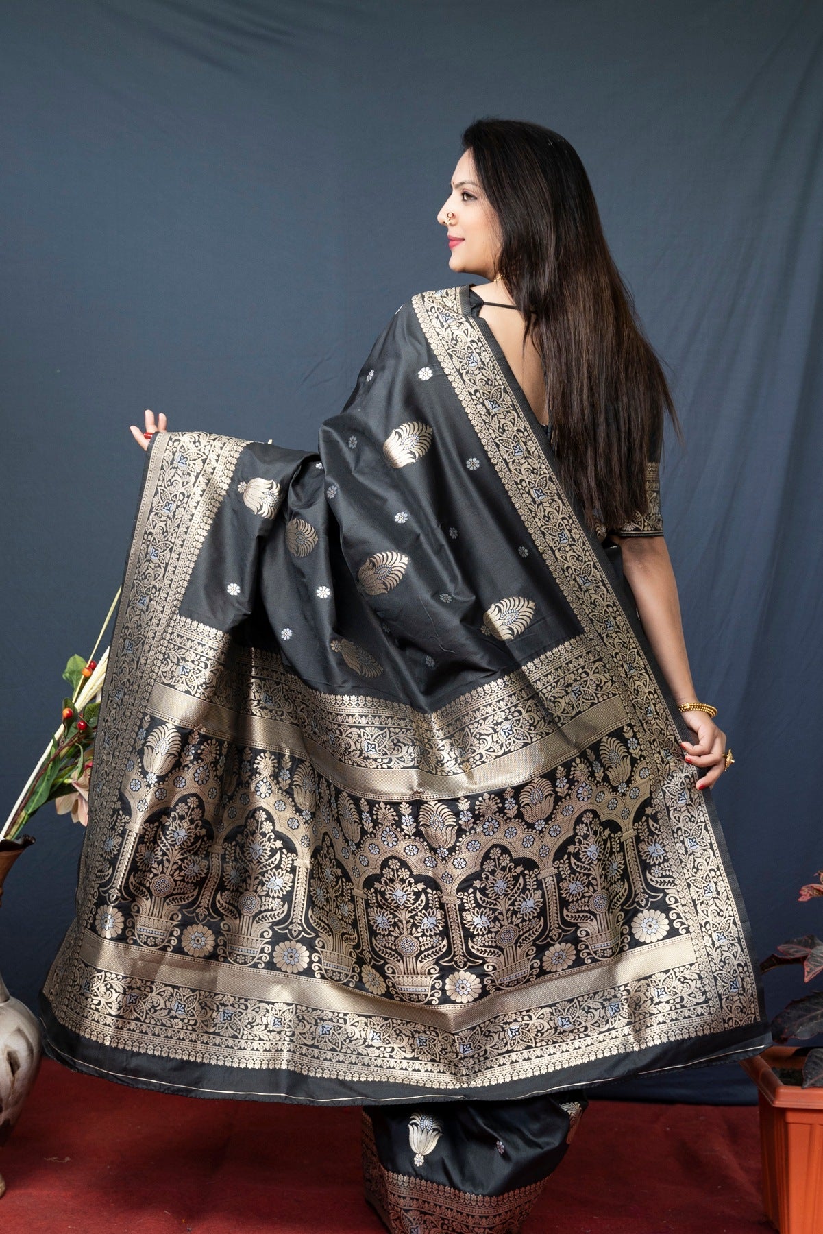 Sempiternal Black Kanjivaram Silk With Demure Blouse Piece