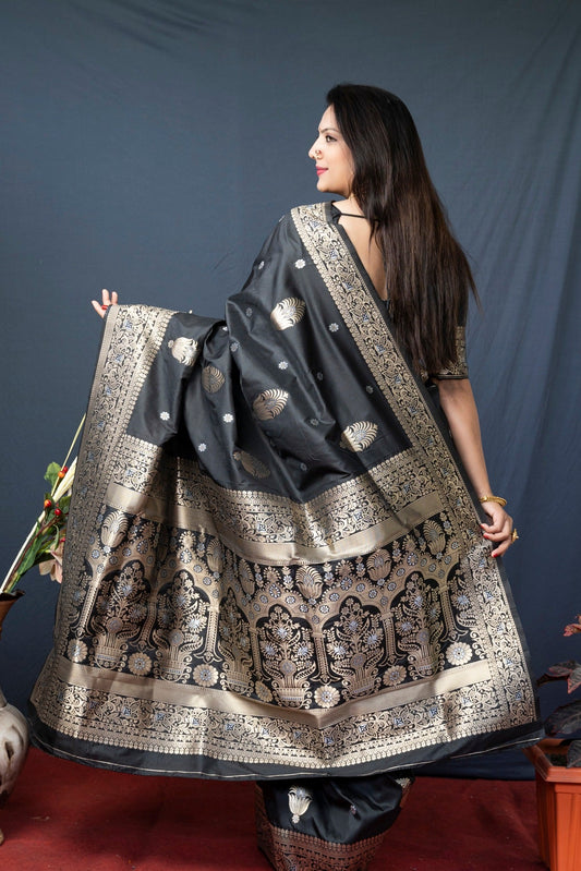 Sempiternal Black Kanjivaram Silk With Demure Blouse Piece