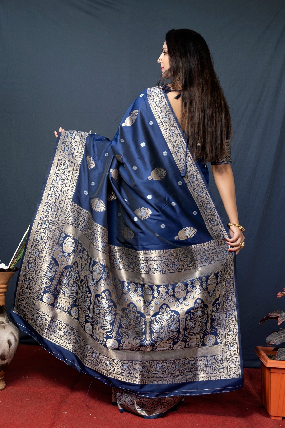 Palimpsest Navy Blue Kanjivaram Silk With Demure Blouse Piece