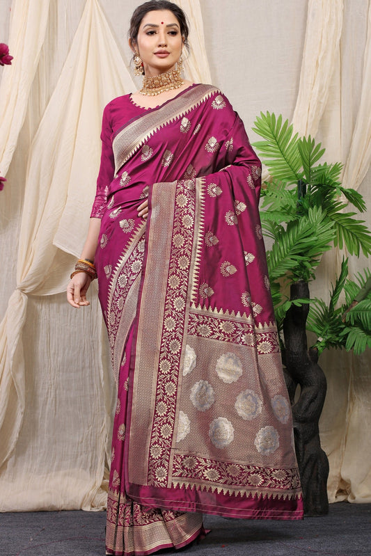 Denouement Wine Kanjivaram Silk With Effervescent Blouse Piece