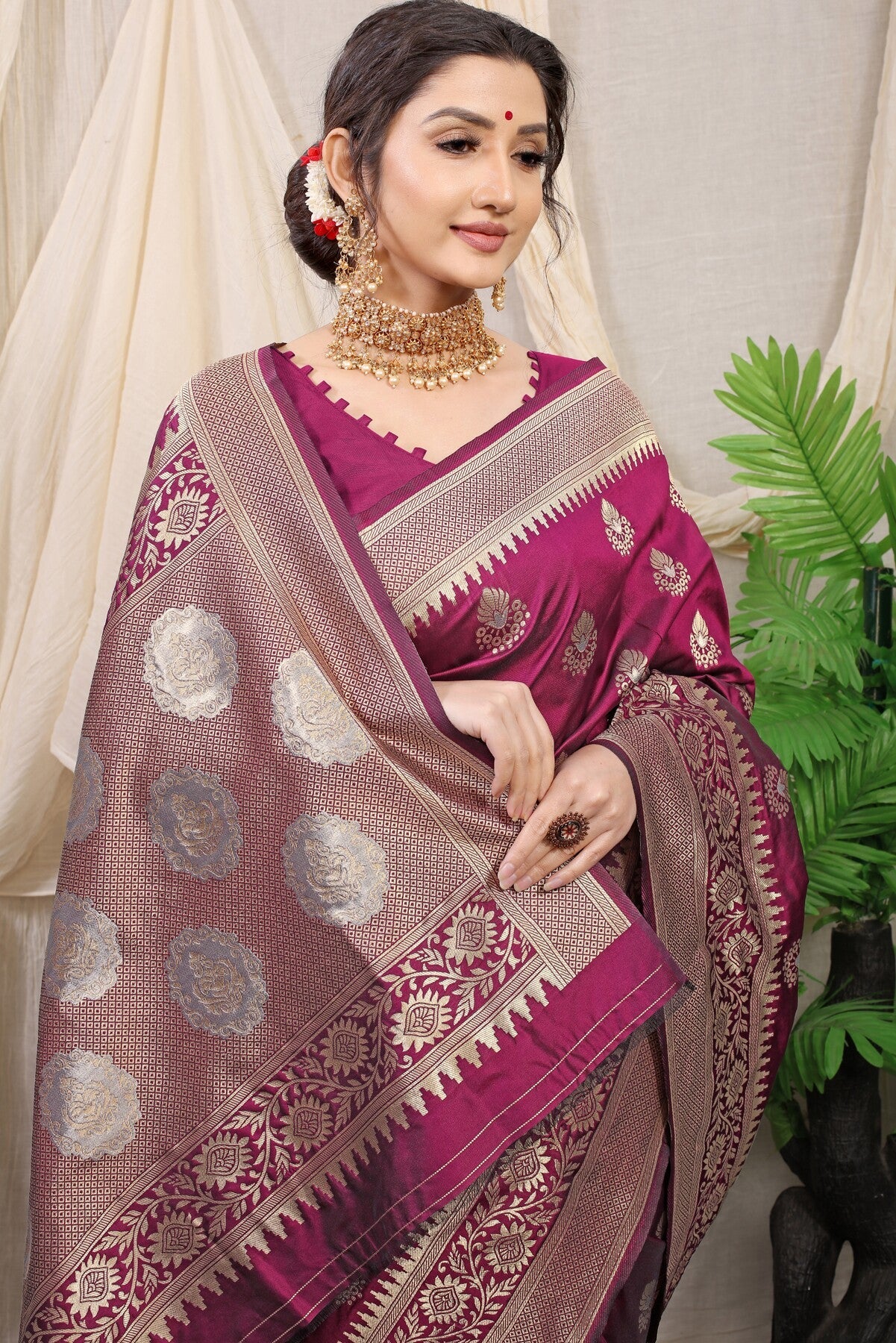 Denouement Wine Kanjivaram Silk With Effervescent Blouse Piece