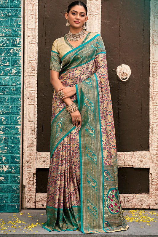 Jubilant Beige and Rama Kanjivaram Silk Saree With Resplendent Blouse Piece