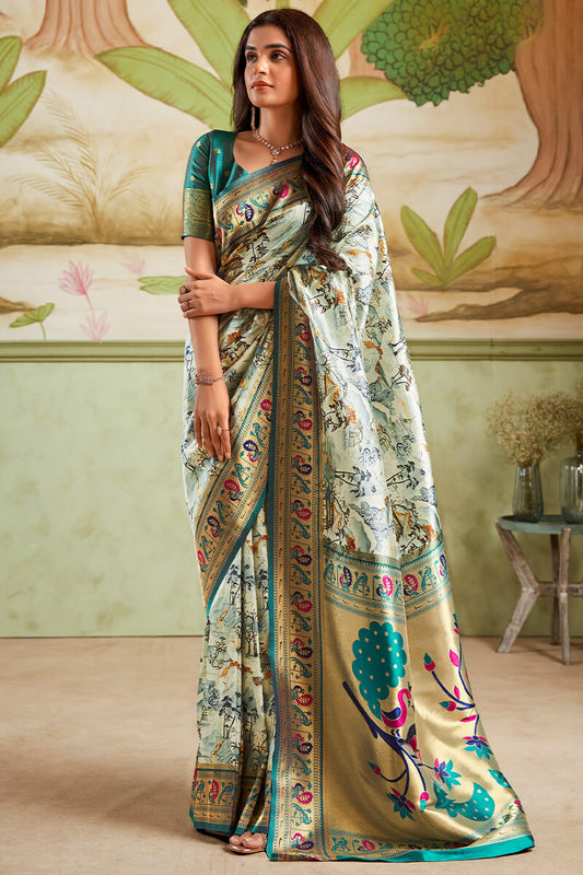 Imaginative Pista Paithani Silk Saree With Exuberant Blouse Piece