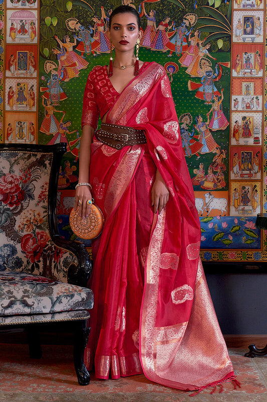 Surreptitious Red Organza Silk Saree With Propinquity Blouse Piece