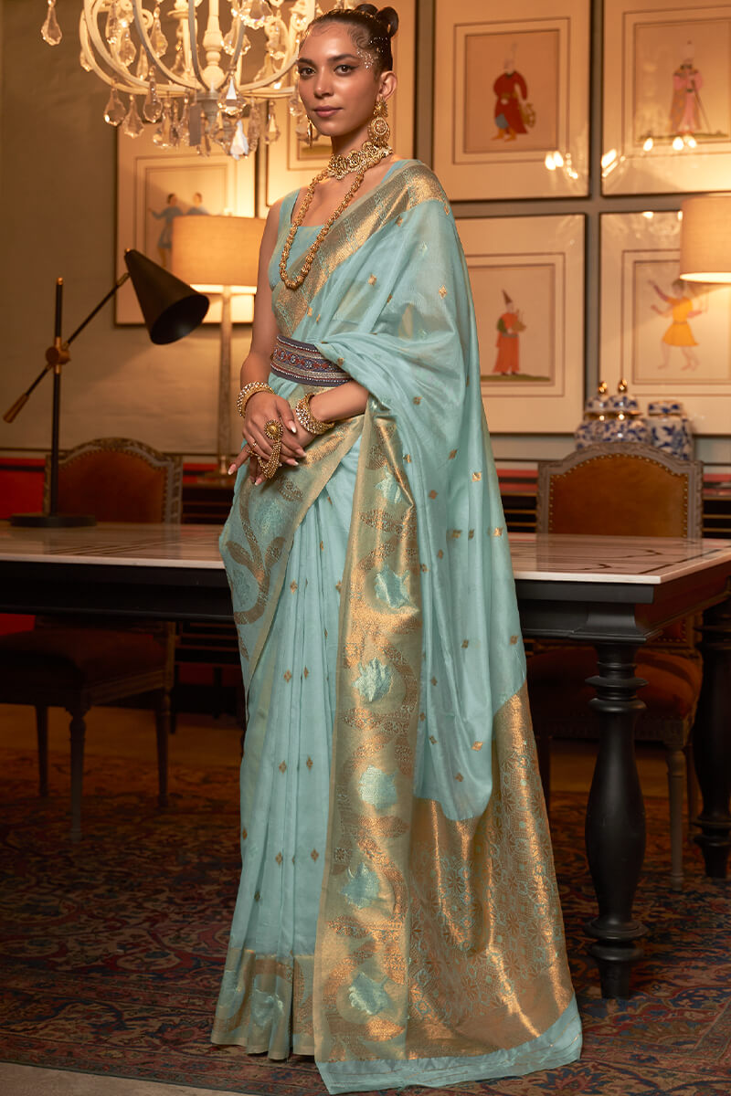 Staggering Sea Green Organza Silk Saree With Serendipity Blouse Piece