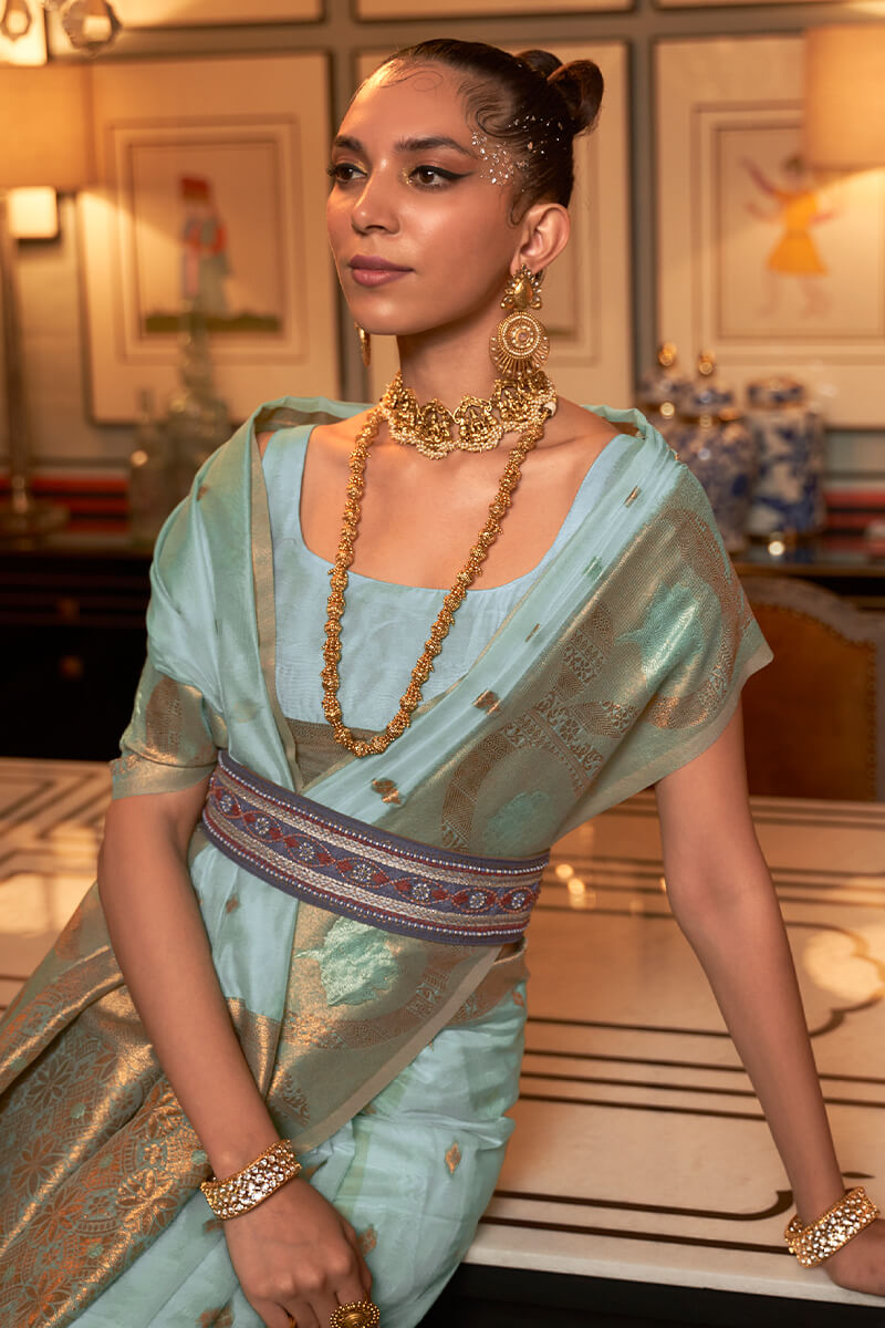 Staggering Sea Green Organza Silk Saree With Serendipity Blouse Piece