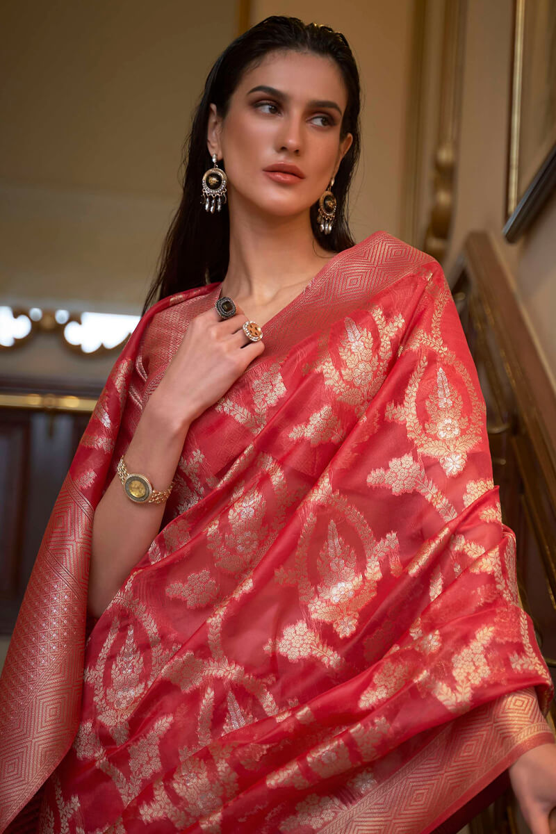 Blissful Red Organza Silk Saree With Classic Blouse Piece