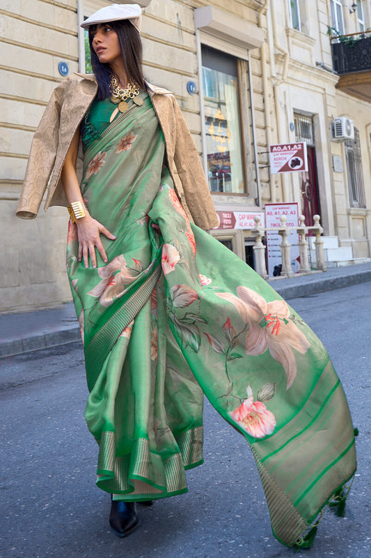 Petrichor Green Organza Silk Saree With Sumptuous Blouse Piece