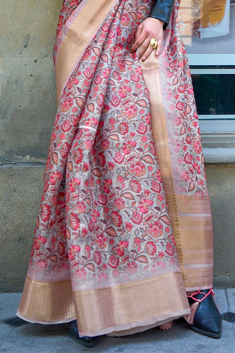 Embellished Beige Organza Silk Saree With Sumptuous Blouse Piece