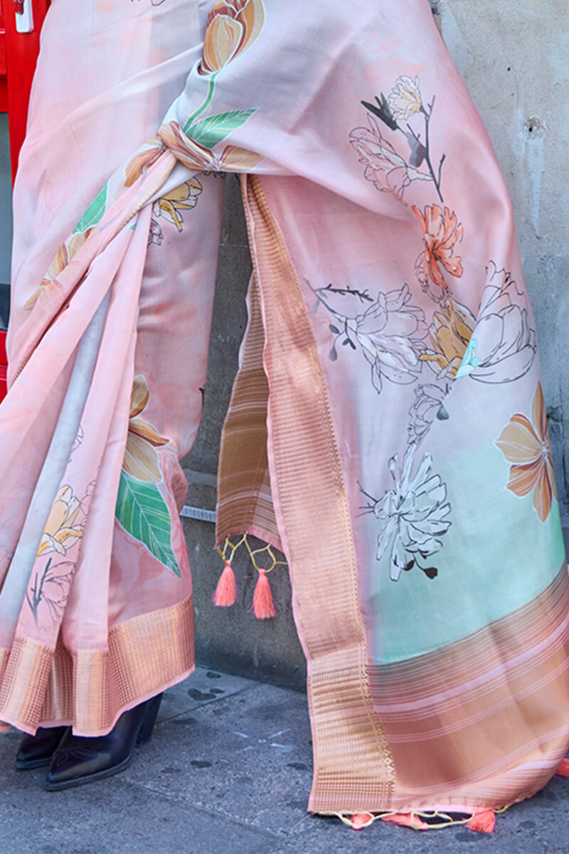 Petrichor Baby Pink Organza Silk Saree With Sumptuous Blouse Piece
