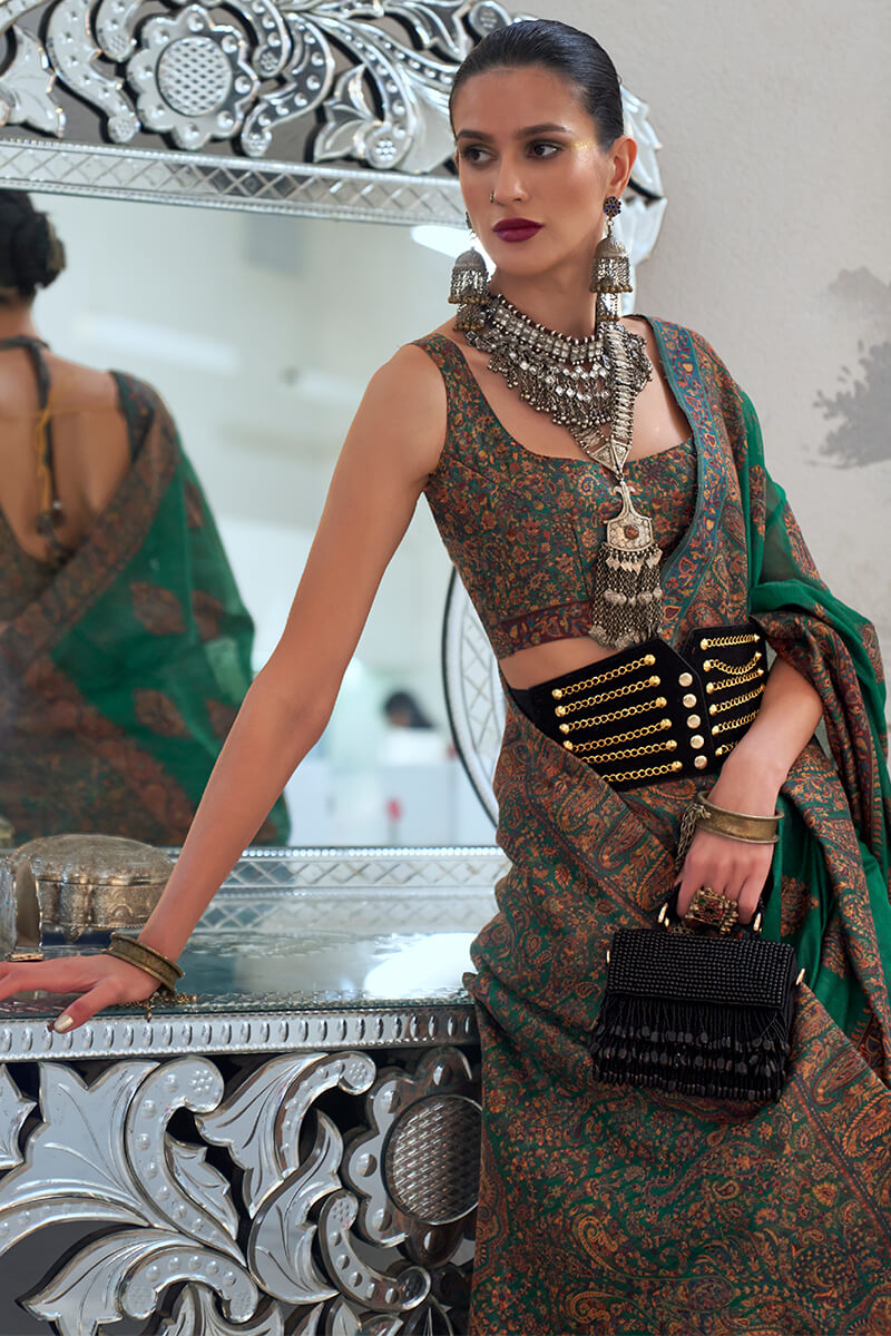 Stylish Dark Green Pashmina saree With Extraordinary Blouse Piece