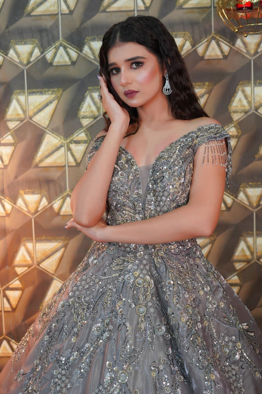 Glamorous grey color evening gown
