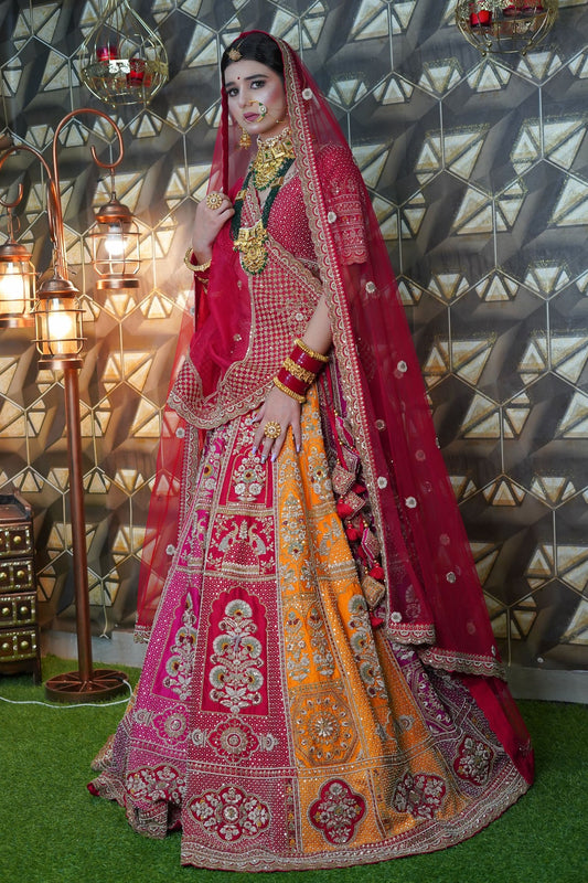Stunning Red and Mustard Bridal Lehenga with Peacock Motif