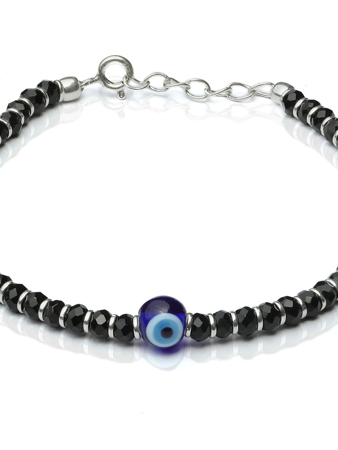 Beaded Evil Eye Charm Sterling Silver Bracelet