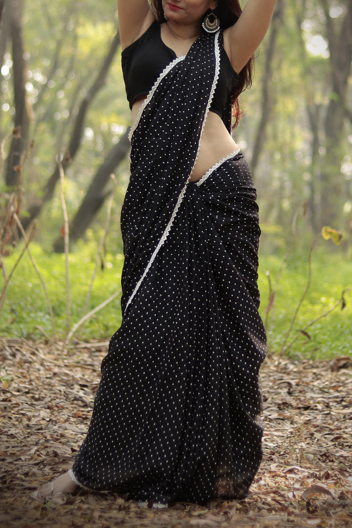 Polka Dotted Mulmul Crochet Lace Saree  Yin (SAREE)