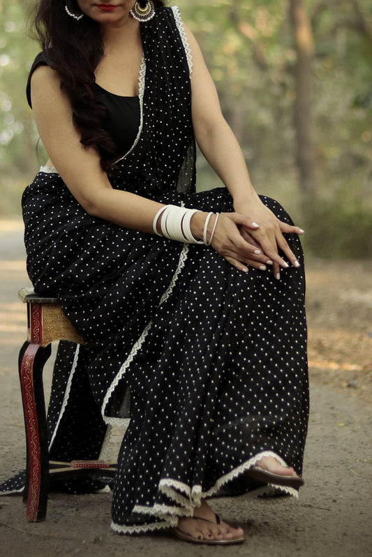 Polka Dotted Mulmul Crochet Lace Saree  Yin (SAREE)
