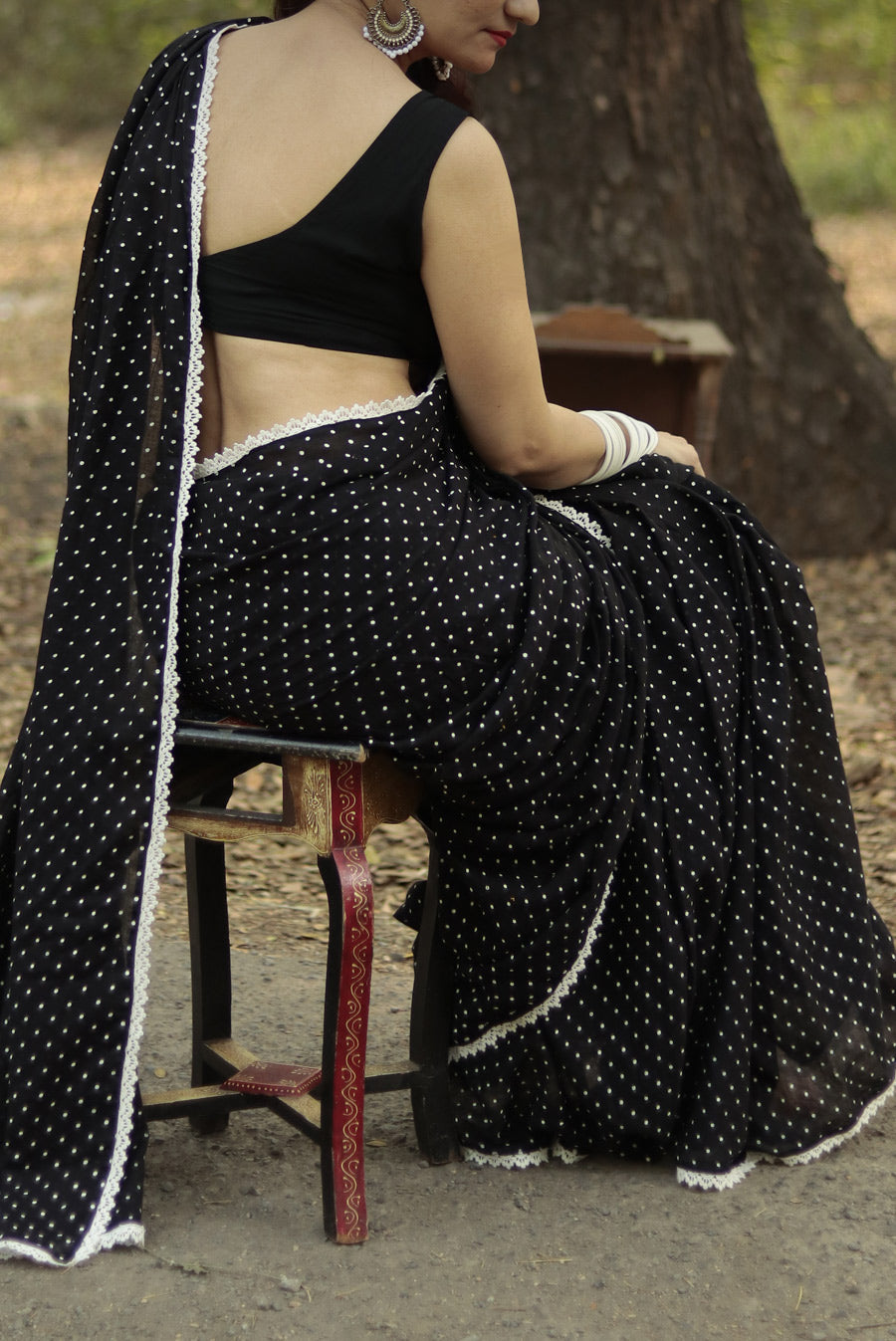 Polka Dotted Mulmul Crochet Lace Saree  Yin (SAREE)