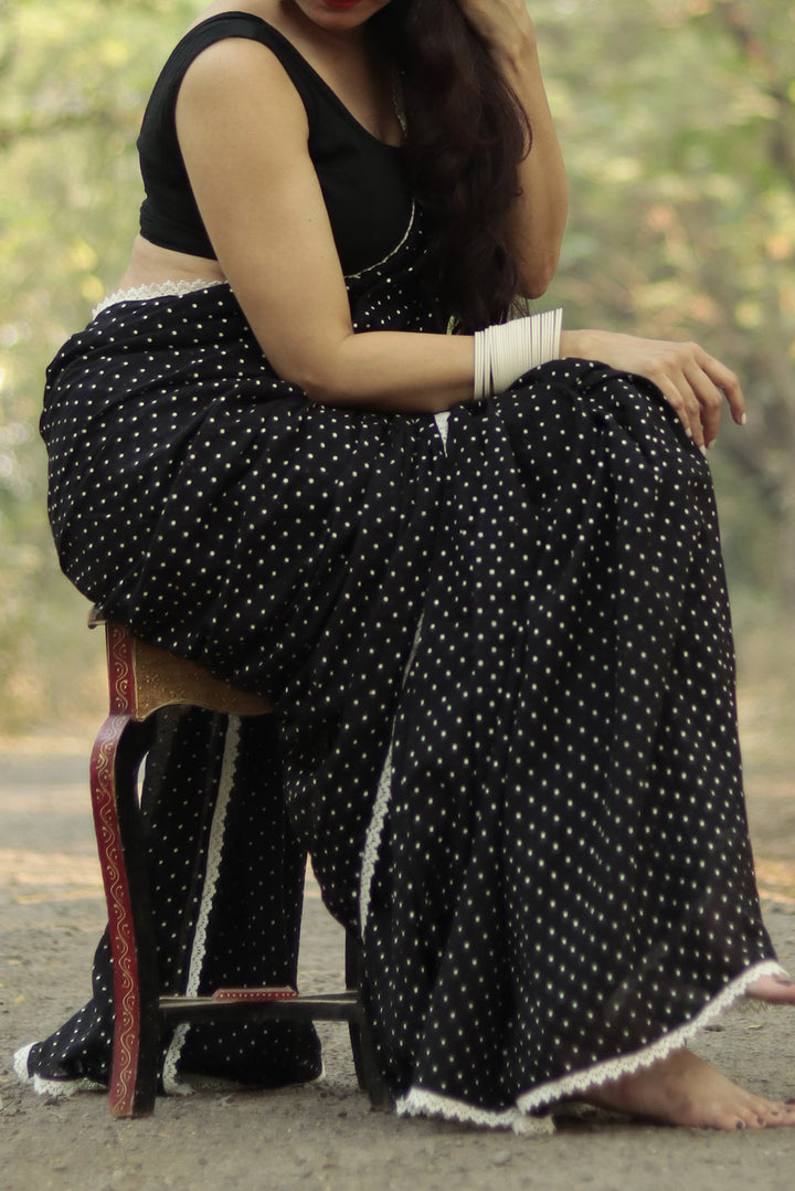 Polka Dotted Mulmul Crochet Lace Saree  Yin (SAREE)