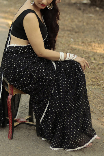 Polka Dotted Mulmul Crochet Lace Saree  Yin (SAREE)