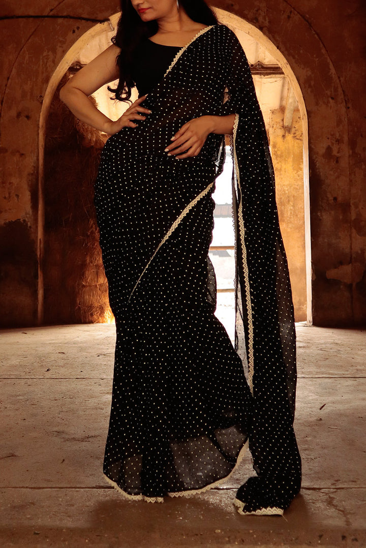 Polka Dotted Mulmul Crochet Lace Saree  Yin (SAREE)