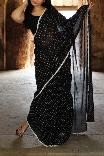 Polka Dotted Mulmul Crochet Lace Saree  Yin (SAREE)