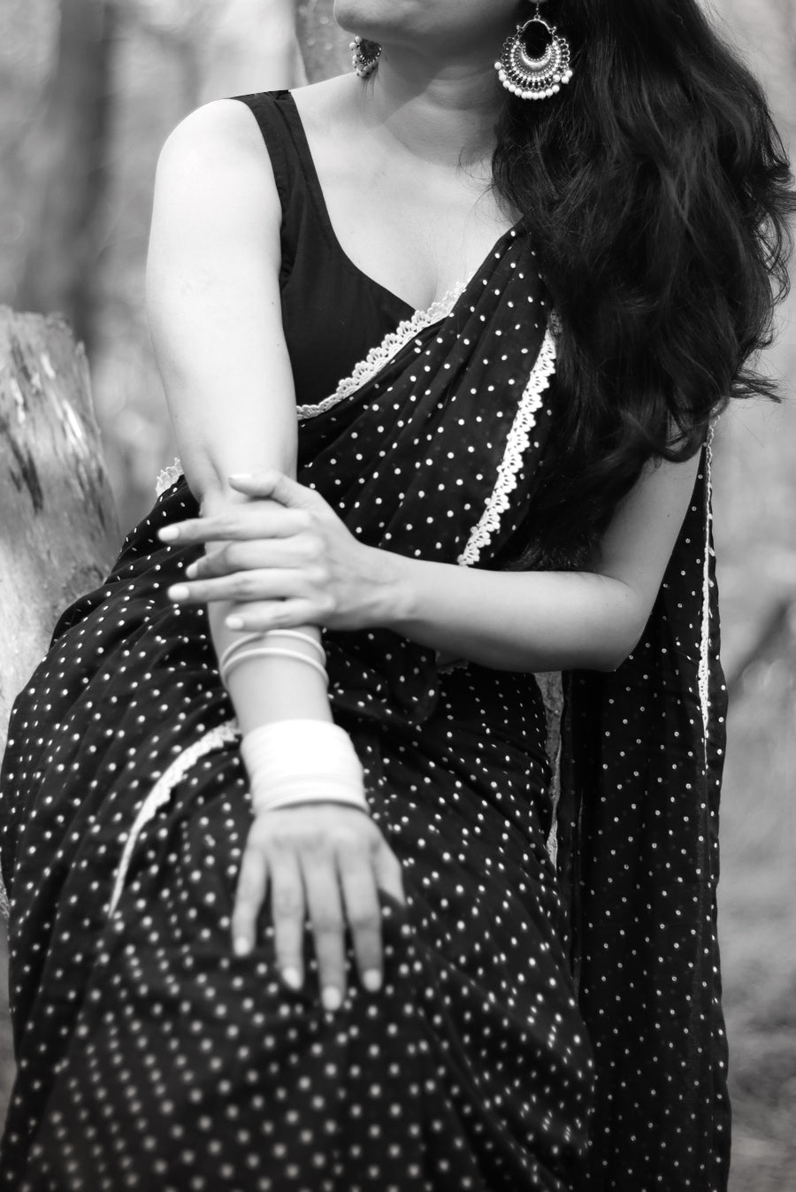 Polka Dotted Mulmul Crochet Lace Saree  Yin (SAREE)