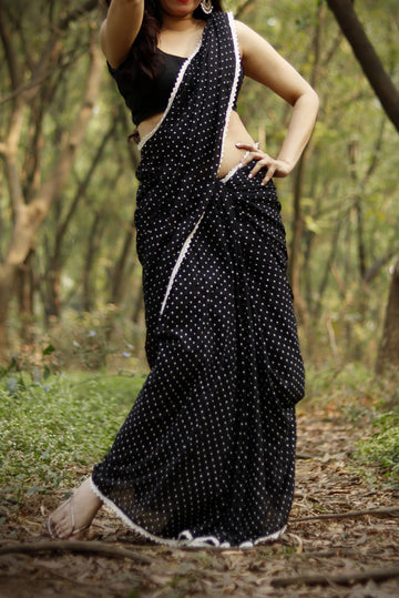 Polka Dotted Mulmul Crochet Lace Saree  Yin (SAREE)