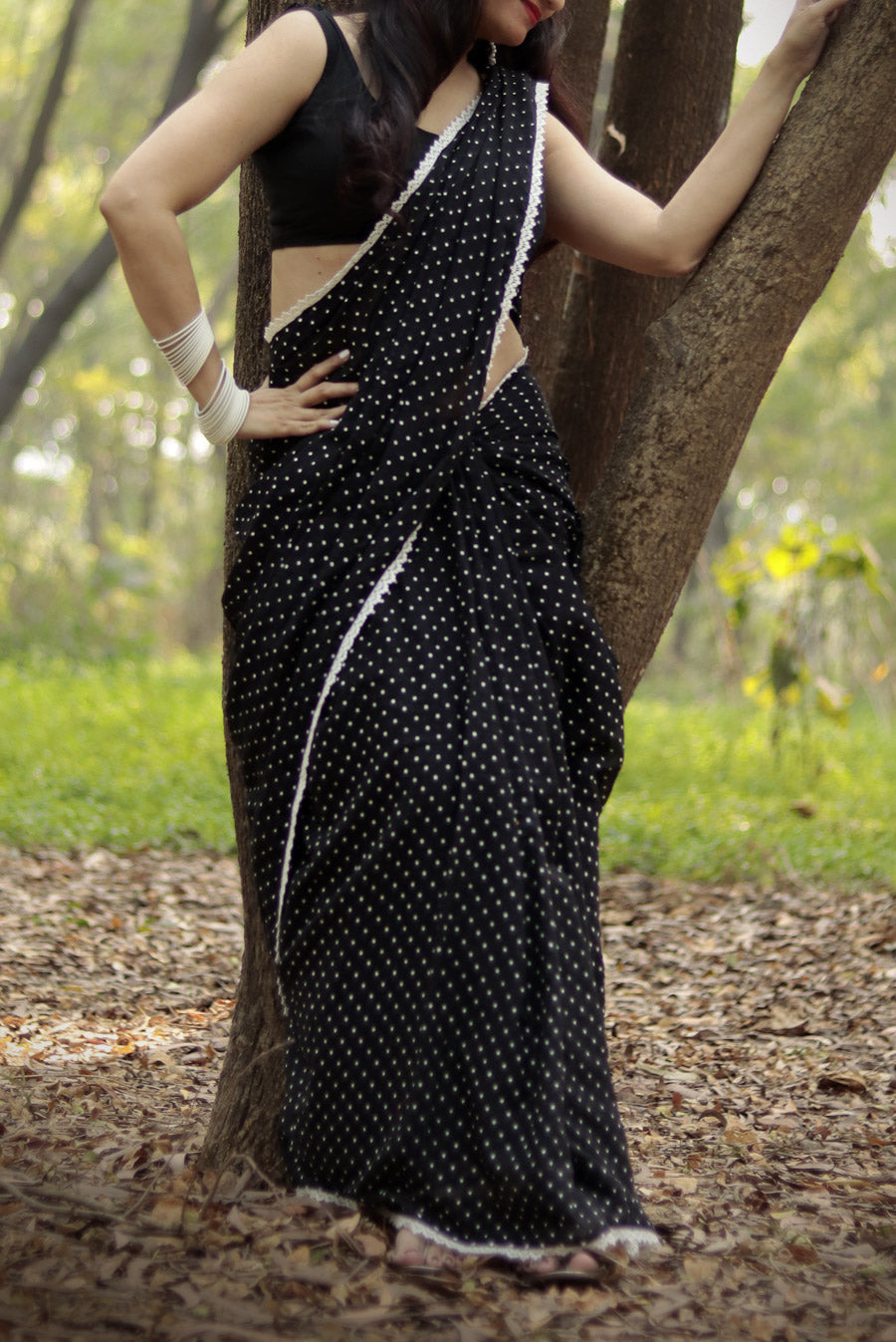 Polka Dotted Mulmul Crochet Lace Saree  Yin (SAREE)