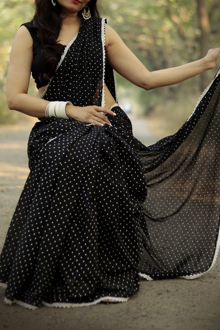 Polka Dotted Mulmul Crochet Lace Saree  Yin (SAREE)