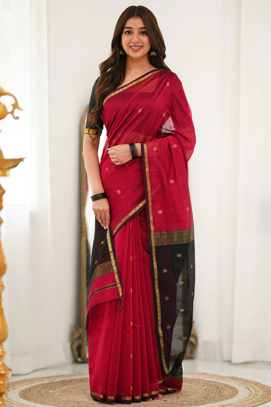 Seraphic Red Cotton Silk Saree With Mellifluous Blouse Piece