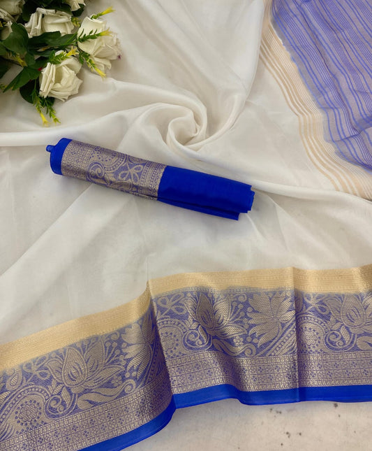 Effervescent White and Blue Orgenza Silk Saree With Palimpsest Blouse Piece