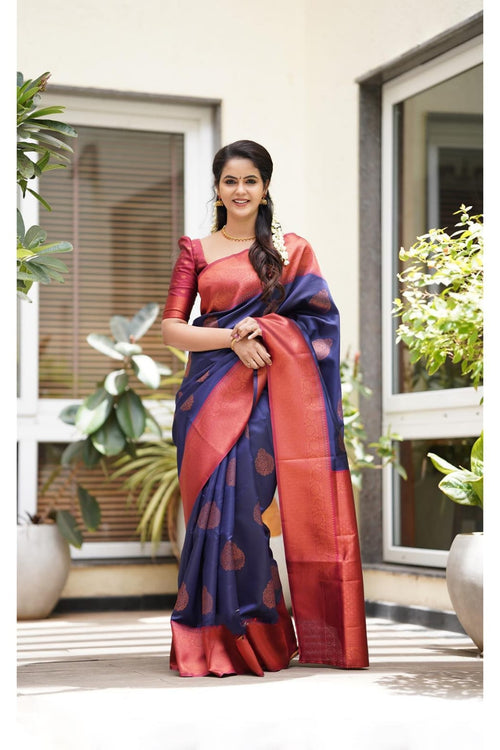 Lassitude Navy Blue Soft Silk Saree With Scintilla Blouse Piece