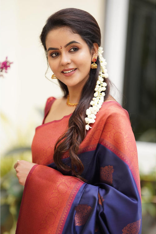 Lassitude Navy Blue Soft Silk Saree With Scintilla Blouse Piece