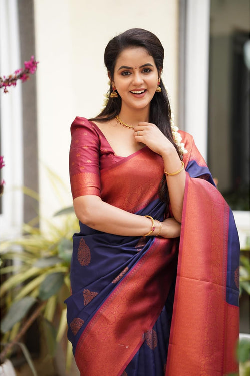 Lassitude Navy Blue Soft Silk Saree With Scintilla Blouse Piece
