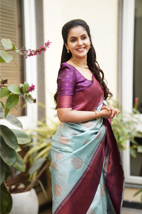Magnetic Sky Soft Silk Saree With Felicitous Blouse Piece