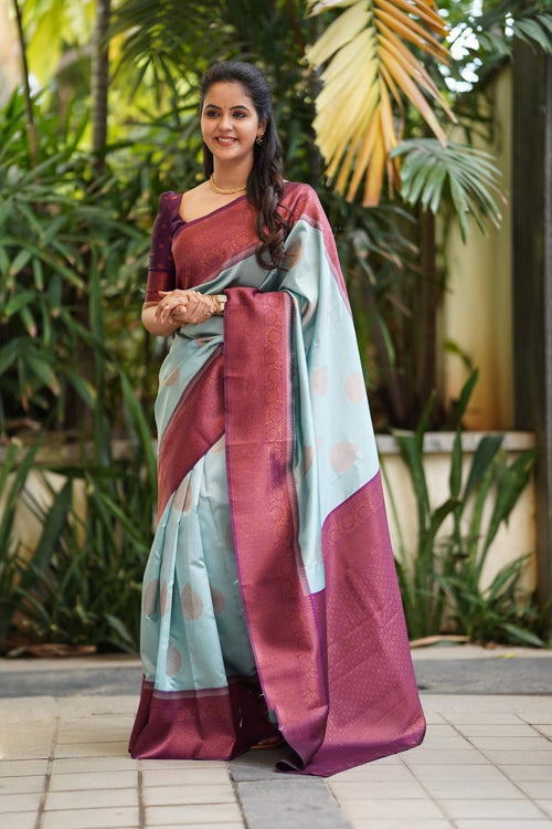 Magnetic Sky Soft Silk Saree With Felicitous Blouse Piece