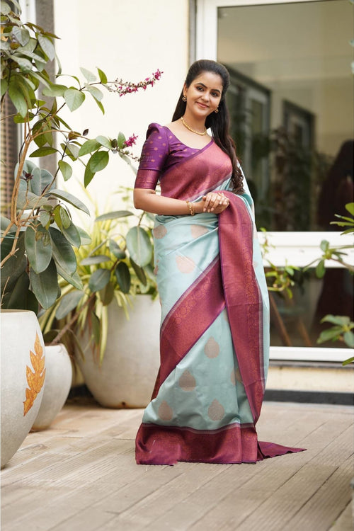 Magnetic Sky Soft Silk Saree With Felicitous Blouse Piece