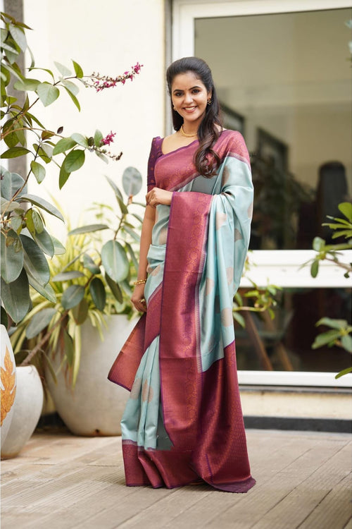 Magnetic Sky Soft Silk Saree With Felicitous Blouse Piece