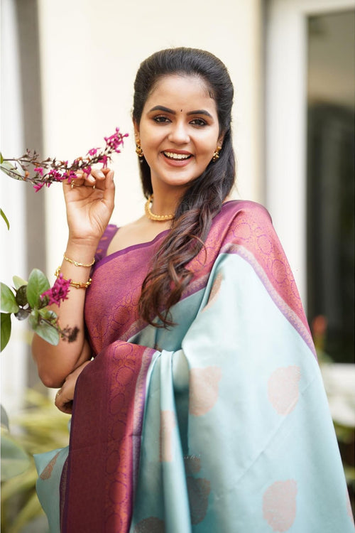 Magnetic Sky Soft Silk Saree With Felicitous Blouse Piece