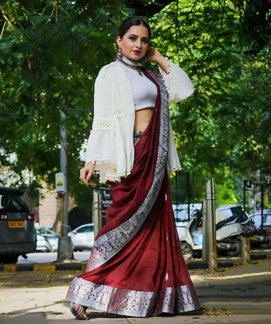Sensational Wine Soft Banarasi Silk Saree With Attractive Blouse Piece